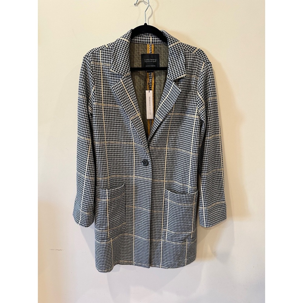 Sanctuary Carly Houndstooth Long Blazer Coat Size S Black Oversized Plaid‎